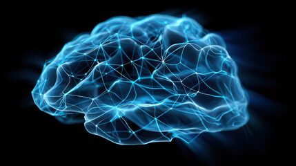 Digital brain glowing with lines on dark background, representing innovation and technology