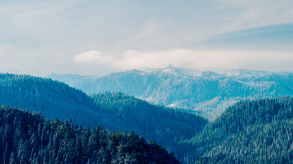 Snow-covered mountain landscape under soft winter light with layers of pine forests fading into mist and blue atmosphere.