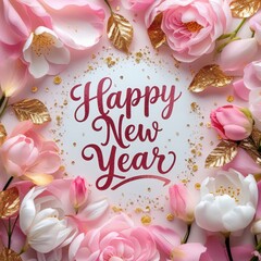 Happy New Year message surrounded by pink and white flowers with gold accents