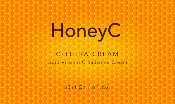 Orange Honeycomb Pattern Texture, Golden Hexagon Background. Beehive Hexagonal Pattern for Bio Natural Medical Beauty Product, Food Packaging, Cosmetic Logo Label. Vector Illustration.