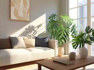 Minimal living room with sunlight, potted plants, neutral tones, and cozy atmosphere. perfect blend of comfort and style