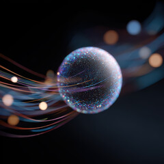 Holographic sphere floating in dark space, glowing with vibrant colors and surrounded by flowing light trails, creates mesmerizing visual effect