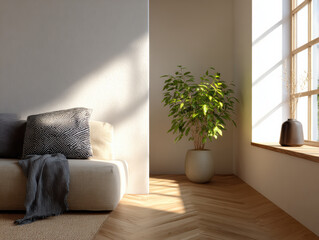 Minimal living room with sunlight, potted plant, neutral tones, cozy atmosphere, modern design