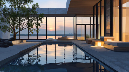 Modern luxury villa with large windows, pool reflection, and sunset view creates serene atmosphere