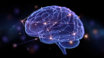 Glowing digital brain with interconnected lines and nodes on dark background, symbolizing innovation and technology