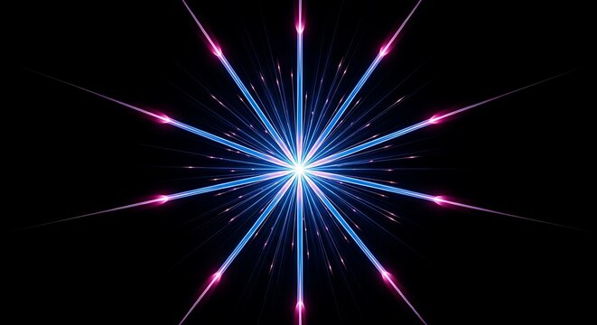 Abstract radial burst of blue and pink light beams on black background