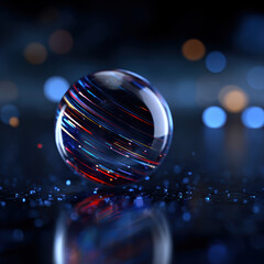 Holographic sphere floating in dark space, glowing with vibrant colors and reflections, creating mesmerizing visual effect