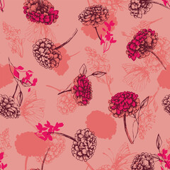 a pink floral pattern with flowers and leaves