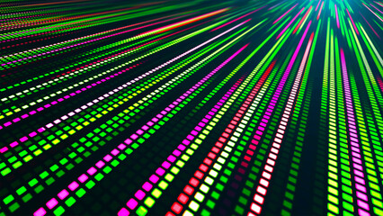 An illustration with many colored glowing lines and square segments going into the distance. The effect of movement from neon light. Suitable for themes related to technology, futurism and club