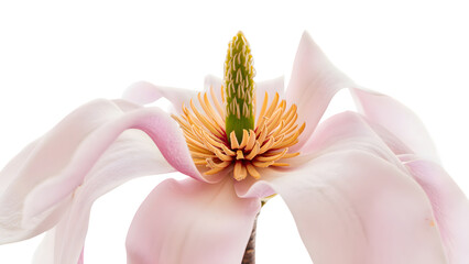 Close-up view of a vibrant pink magnolia flower with a detailed stamens and pistil, showcasing its delicate petals on a transparent background for versatile design use