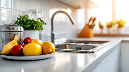 Fresh fruit and vegetables displayed on a kitchen countertop.