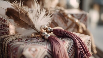Ultra High Definition Boho-Styled Wrapped Gifts with Soft Feathers and Elegant Tassels Inspired by a Lively Festival Atmosphere with Photographic Focus