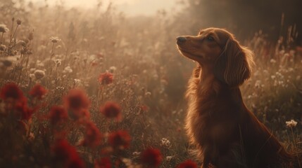A dachshund sits in a field of wildflowers bathed in morning light.