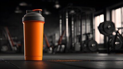 Hyper-Realistic Render of a Vibrant Protein Shaker Bottle Featuring Oxidizing Orange Pre-Workout Liquid Set Against Industrial Weight Machines and Iron Plates with Dramatic Shadows