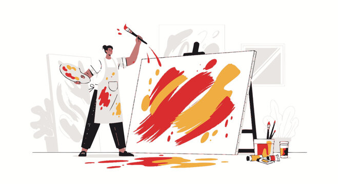 Artistic Creation Depicting A Painter Working On A Canvas Using Vibrant Colors And Strokes