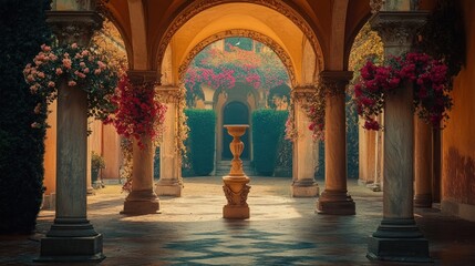 An antique colonnaded courtyard filled with flowers.