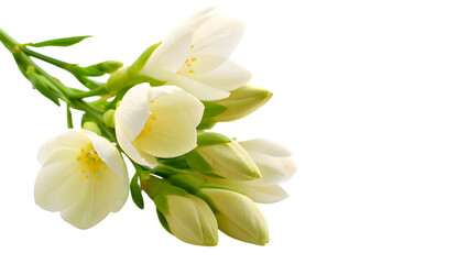 Close-up of fresh white jasmine flowers and buds with vibrant green stems against a transparent background ready for design projects