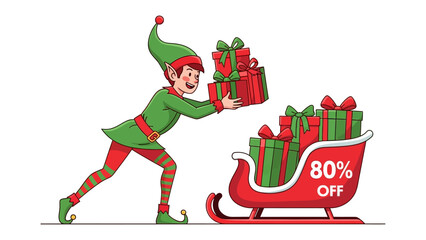 Holiday Cheer: An elf joyfully loads gifts onto a sleigh, signaling festive holiday discounts and seasonal promotions. A visual representation of holiday cheer and excitement.