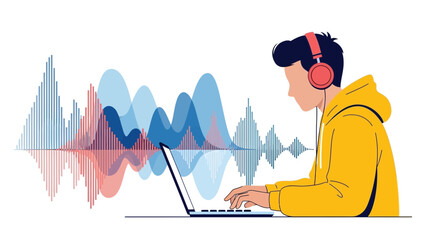 Audio Waveform Analyst Working With Headphones And Laptop Producing Sound Waves Professionally