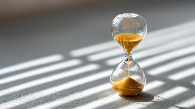 A sand timer with golden grains is shown on a surface that casts shadows, indicating the passage of time and its fleeting nature - Powered by Adobe