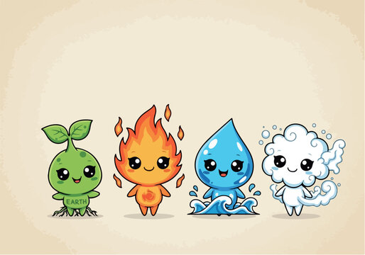 Cute cartoon of four elemental creatures (fire, water, air, earth) symbolizing nature, energy, and friendship in fantasy design