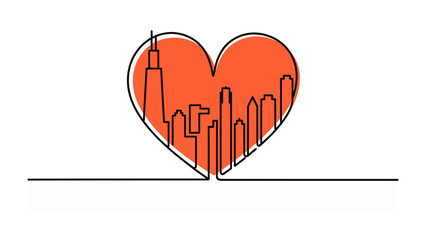 Love for Architecture: A minimalist depiction of a city's skyline, embraced within the comforting curve of a heart. Representing a city's identity and showing pride in architectural heritage