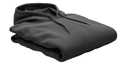 Stylish Dark Gray Folded Hoodie with Drawstrings on Black Background
