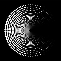 An illustration with bright concentric circles of white dots on a dark background. The composition creates a sense of movement and depth, as if the viewer is looking into a funnel or tunnel of light