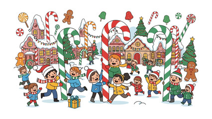 Joyful Christmas Village: A cheerful illustration of children happily playing in a festive Christmas village setting. This scene captures the excitement and wonder of the holiday season.