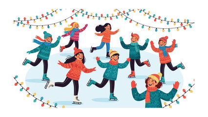 Skating Together: Children enjoy the magic of winter, gliding gracefully on the ice rink under the festive lights.