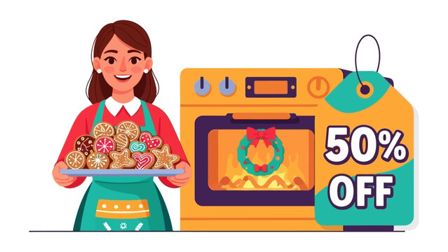 Festive Baking Promotion: A cheerful individual presents a tray of holiday cookies, next to an oven, with a 50% discount tag, celebrating a sweet festive season.