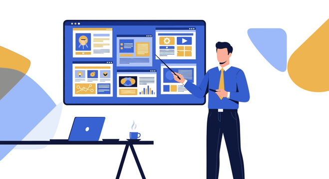 Business Presentation: A Modern Office Setting with a Man Presenting a Digital Display