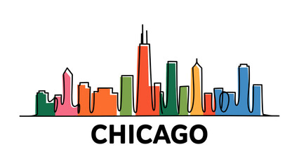 Chicago Skyline in vibrant color: A whimsical depiction of the iconic Chicago skyline, rendered in a lively array of colors, with the city's name boldly displayed below.