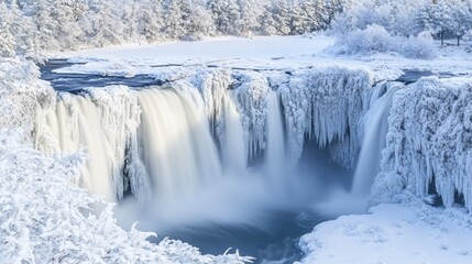 Icy waterfall cascades through a winter wonderland.