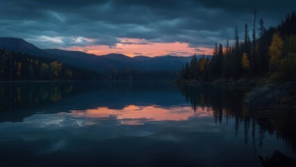 Fototapeta premium Serene lake reflecting a dusky sunset, mountains in the background