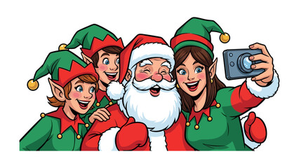 Festive Selfie with Santa and Elves: Santa Claus and his elf companions gather for a joyful selfie, capturing the holiday spirit in a moment of festive cheer.