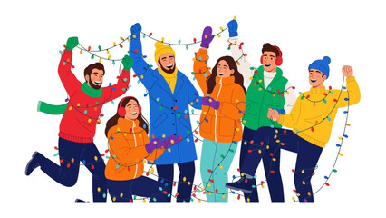 Holiday Cheer: A diverse group of friends adorned with vibrant string lights, creating a lively scene. They’re filled with anticipation for the festivities, creating a warm, inviting atmosphere.