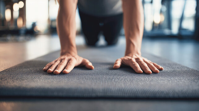 Close-up of hands on yoga mat during workout in gym environment. Selective focus.
