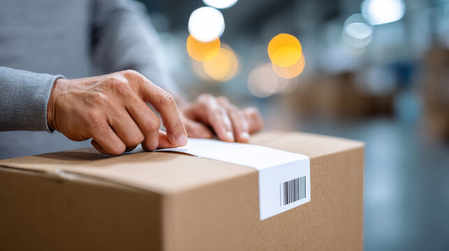 A person sealing a package with tape and shipping label in an setting