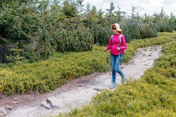 Full-length view of a woman hiker in pink jacket using trekking poles on a sandy mountain trail...