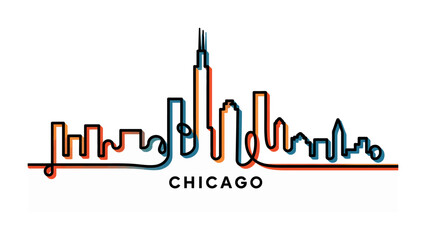 Chicago Skyline: A stylized artistic representation of the iconic Chicago skyline, rendered with modern lines and a striking color palette, celebrating the city's architectural legacy.