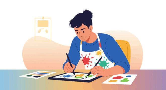 Creative Painting Session: Artist Engaged in Colorful Digital Art Creation and Expression