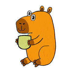 Adorable capybara holding a cup of tea. Perfect for cozy animal art, cafe designs, children’s projects, and cute lifestyle illustrations.