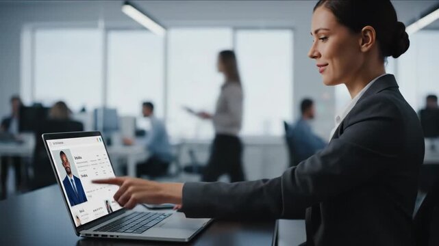 Businesswoman Reviewing Job Candidates - A businesswoman in a suit is sitting at a desk and reviewing job candidate profiles on her laptop.
