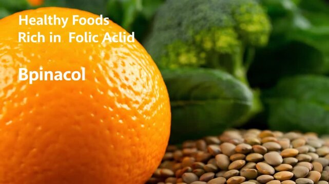 Foods Rich in Folic Acid - Close-up shot of an orange, broccoli, spinach, and lentils, showcasing food sources rich in folic acid.