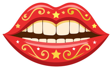 Obraz premium Cartoon illustration of open red lips with teeth, gold swirls and stars