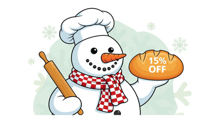 Snowman Baker's Discount: A festive snowman baker, adorned with a chef's hat and a checkered scarf, presents a freshly baked loaf of bread, advertising a 15% discount.