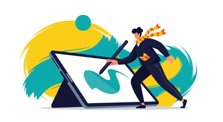 Fototapeta premium Creative Professional Illustrating Digitally on a Tablet with Vibrant Brushstroke Background