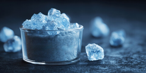Transparent Crystals in Open Glass Container, Clean Scientific Composition