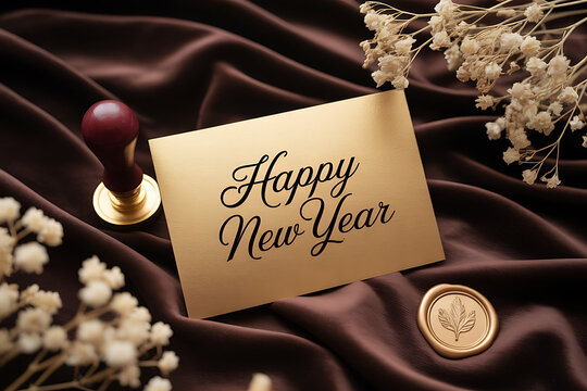 Elegant Happy New Year greeting card with seal, perfect for luxurious holiday invitations and upscale seasonal campaigns, conveying warmth and festive cheer